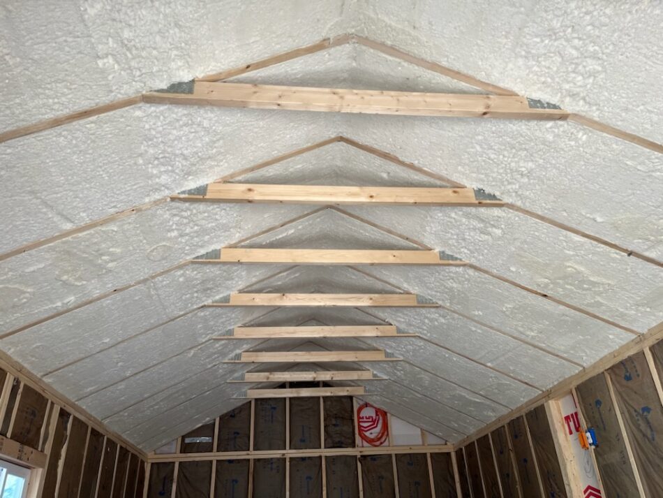 Vaulted ceiling with spray foam insulation applied between trusses to create a high-efficiency thermal barrier in a home.